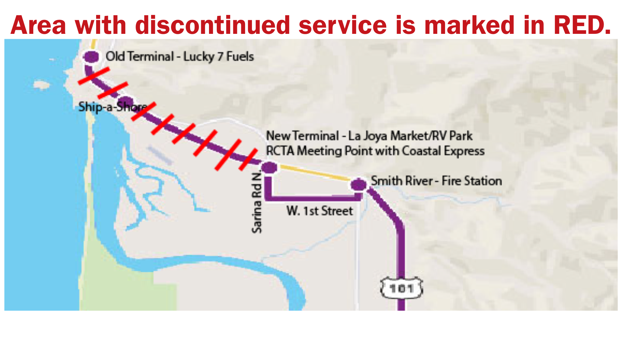 RT 20-Lucky 7 stop closed This map displays changes to RCTA Route 20 near the Oregon border. The discontinued section of the route, between Ship-a-Shore and the former terminal at Lucky 7 Fuels, is marked in red with a bold cross-hatched line. A new terminal and transfer point with Curry Coastal Express is now located at La Joya Market, near Sarina Road and US 101. The map also labels nearby points of interest such as the Smith River Fire Station and W. 1st Street.