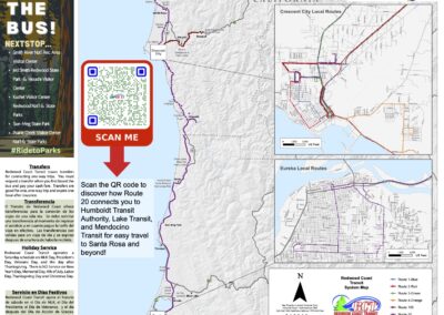Redwood Coast Transit system map showing Crescent City, Eureka, and regional bus routes, with a QR code linking to Route 20 connections. Includes transfer policy and holiday schedule.